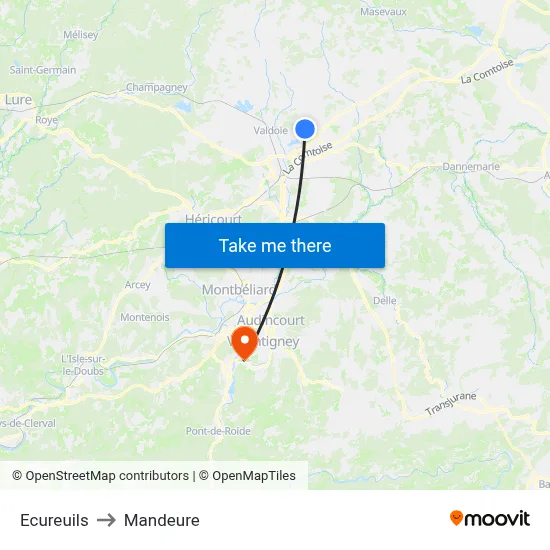Ecureuils to Mandeure map