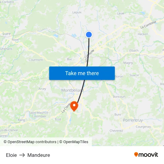 Eloie to Mandeure map