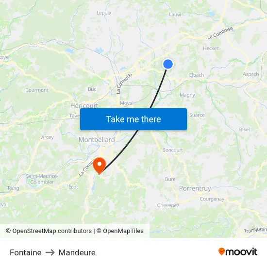 Fontaine to Mandeure map