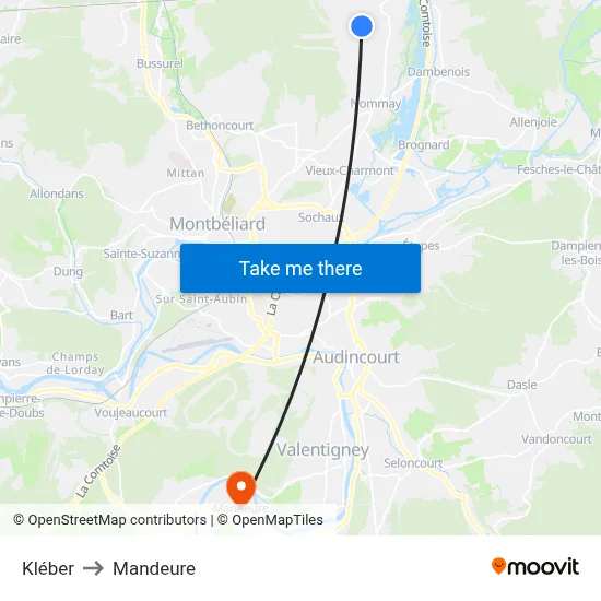 Kléber to Mandeure map