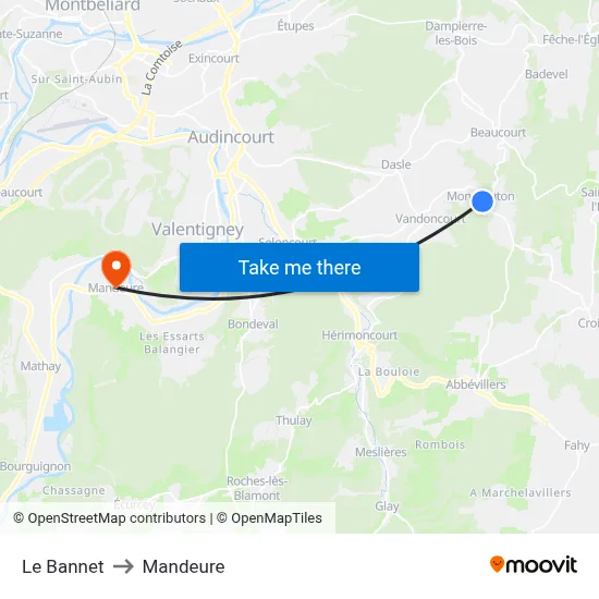 Le Bannet to Mandeure map