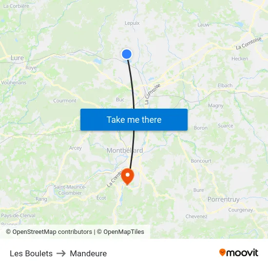 Les Boulets to Mandeure map