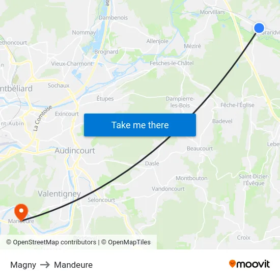 Magny to Mandeure map