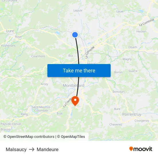 Malsaucy to Mandeure map