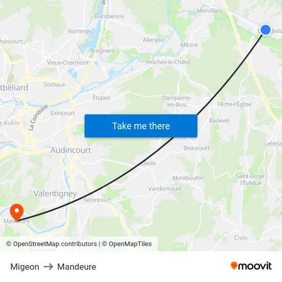 Migeon to Mandeure map