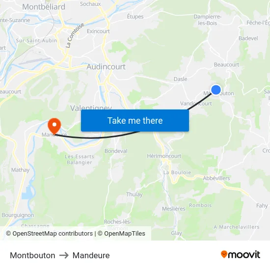 Montbouton to Mandeure map