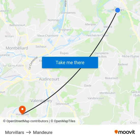 Morvillars to Mandeure map