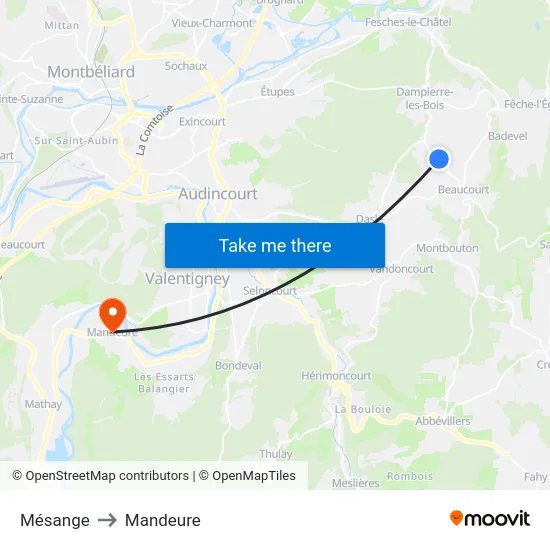 Mésange to Mandeure map