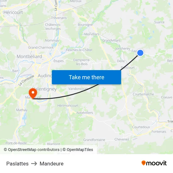 Paslattes to Mandeure map