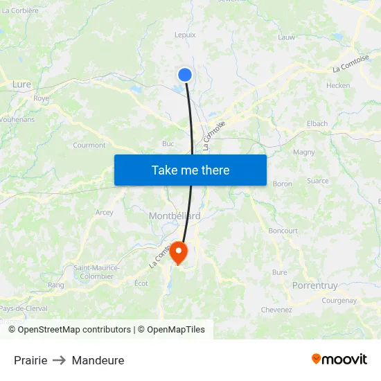Prairie to Mandeure map