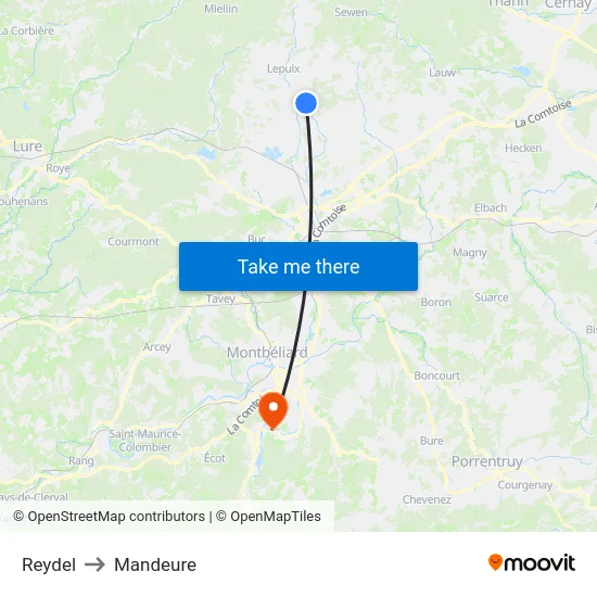 Reydel to Mandeure map