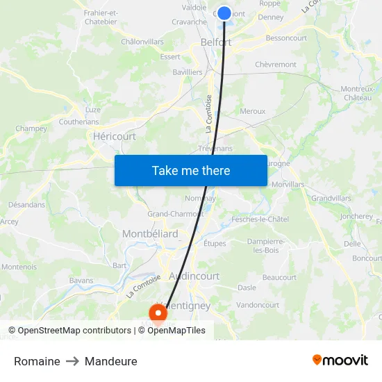 Romaine to Mandeure map