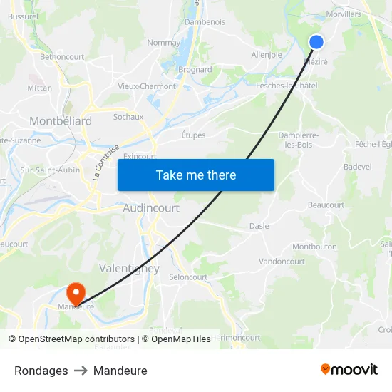 Rondages to Mandeure map