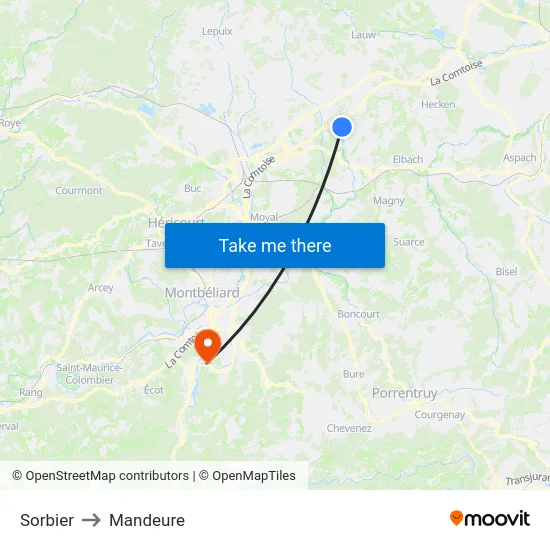 Sorbier to Mandeure map