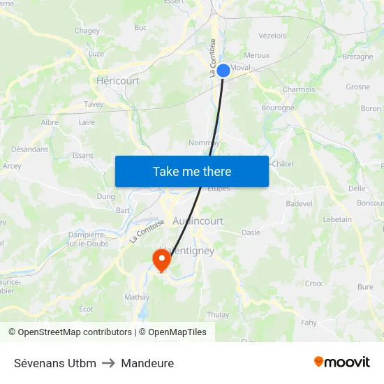 Sévenans Utbm to Mandeure map