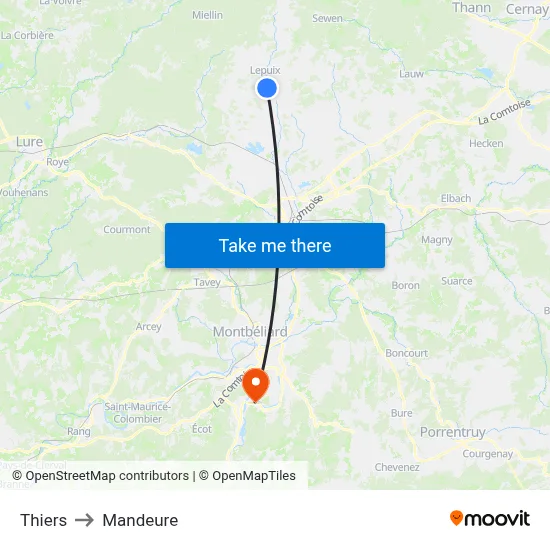 Thiers to Mandeure map