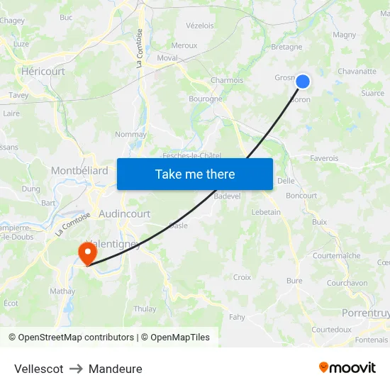 Vellescot to Mandeure map