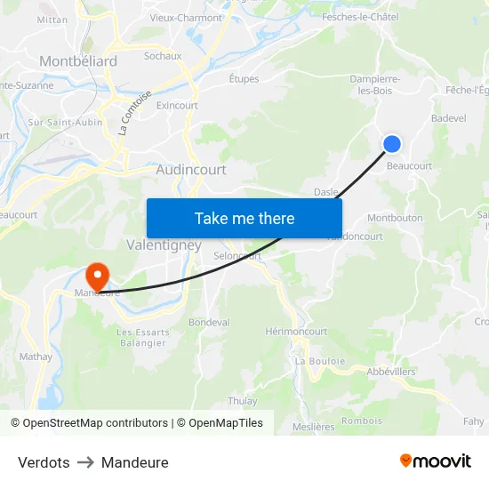 Verdots to Mandeure map