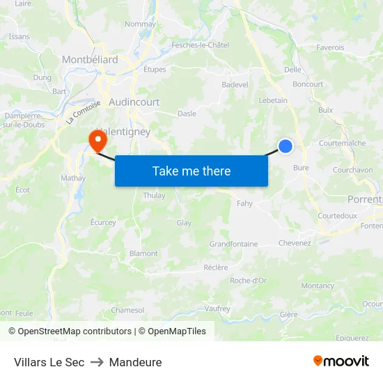 Villars Le Sec to Mandeure map