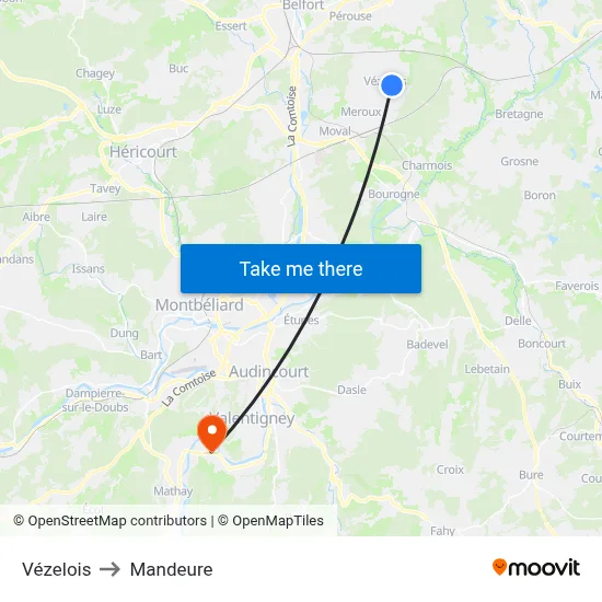 Vézelois to Mandeure map