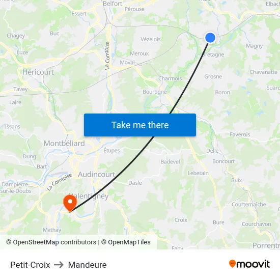 Petit-Croix to Mandeure map