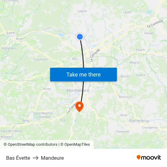 Bas Évette to Mandeure map