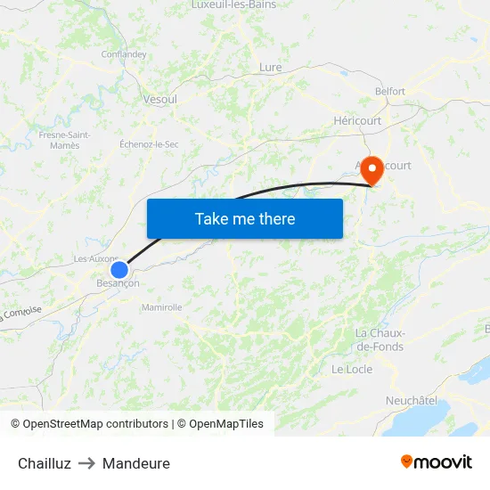 Chailluz to Mandeure map