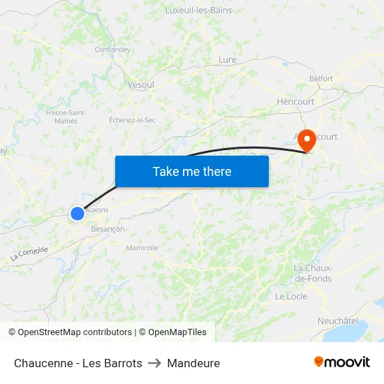 Chaucenne - Les Barrots to Mandeure map