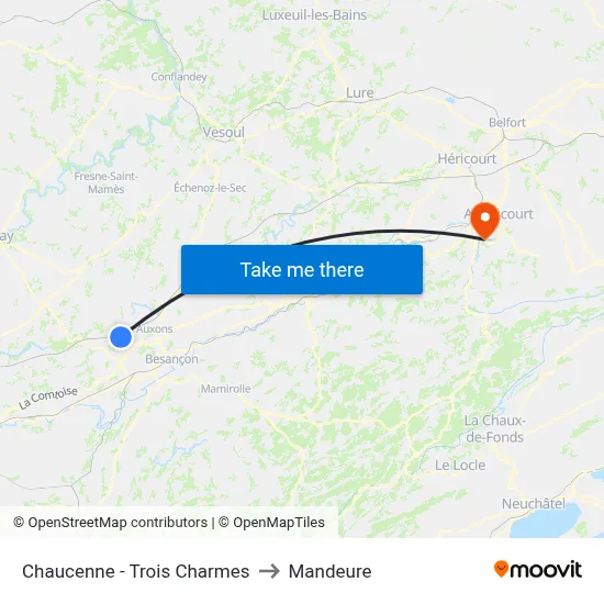 Chaucenne - Trois Charmes to Mandeure map