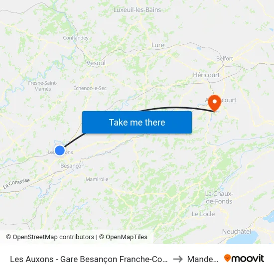 Les Auxons - Gare Besançon Franche-Comté Tgv to Mandeure map