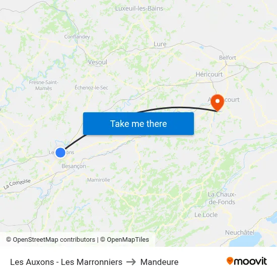 Les Auxons - Les Marronniers to Mandeure map