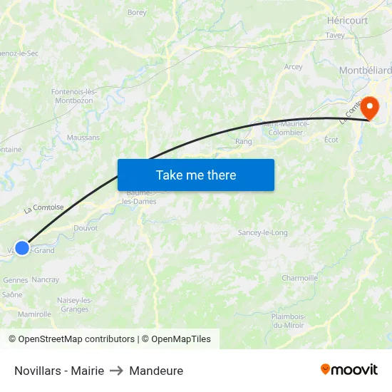 Novillars - Mairie to Mandeure map