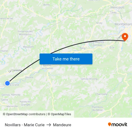 Novillars - Marie Curie to Mandeure map