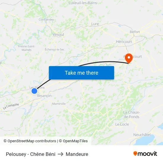 Pelousey - Chêne Béni to Mandeure map