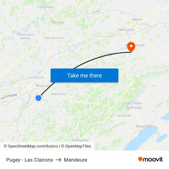 Pugey - Les Clairons to Mandeure map