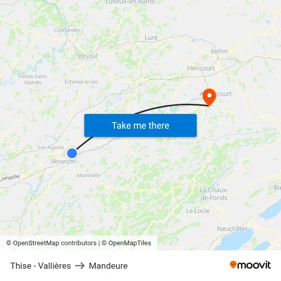 Thise - Vallières to Mandeure map