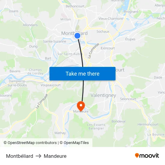 Montbéliard to Mandeure map