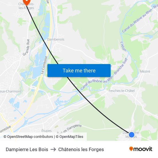 Dampierre Les Bois to Châtenois les Forges map