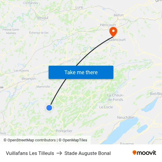 Vuillafans Les Tilleuls to Stade Auguste Bonal map