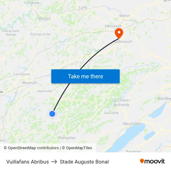 Vuillafans Abribus to Stade Auguste Bonal map