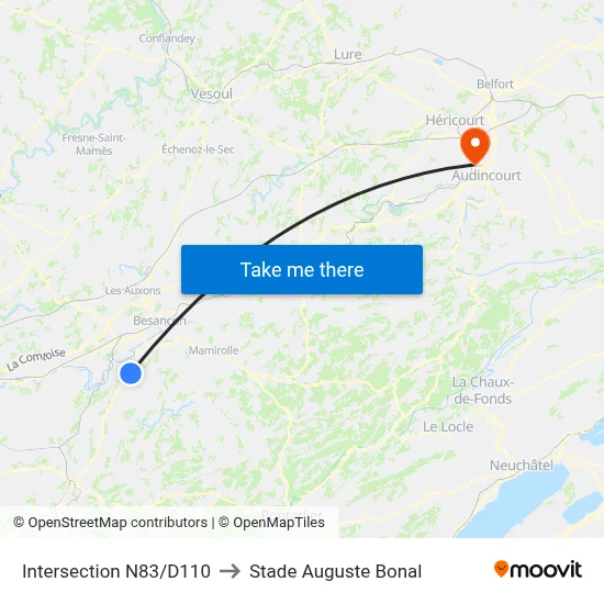 Intersection N83/D110 to Stade Auguste Bonal map