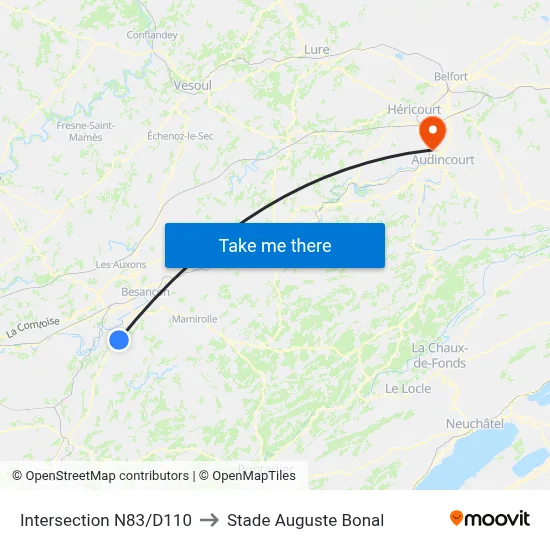 Intersection N83/D110 to Stade Auguste Bonal map