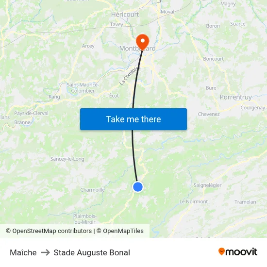 Maîche to Stade Auguste Bonal map