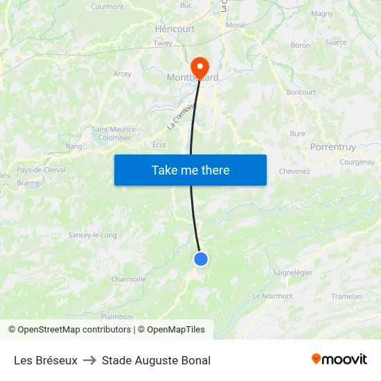 Les Bréseux to Stade Auguste Bonal map