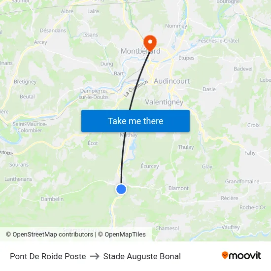 Pont De Roide Poste to Stade Auguste Bonal map