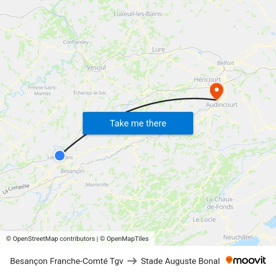 Besançon Franche-Comté Tgv to Stade Auguste Bonal map