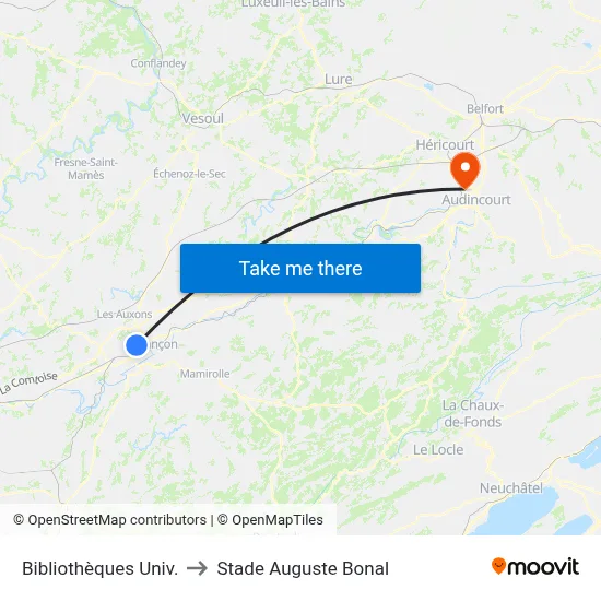 Bibliothèques Univ. to Stade Auguste Bonal map