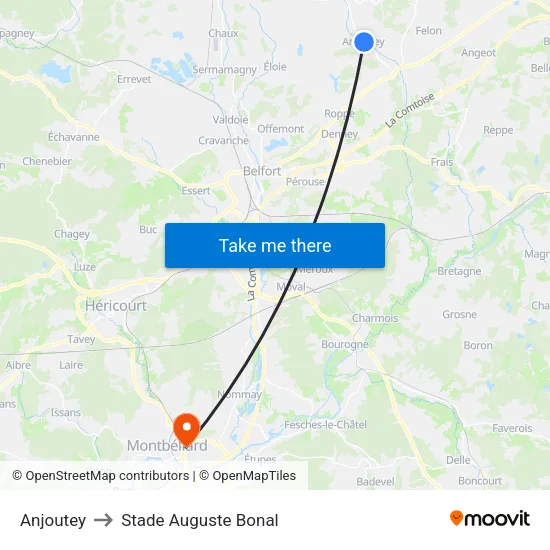 Anjoutey to Stade Auguste Bonal map