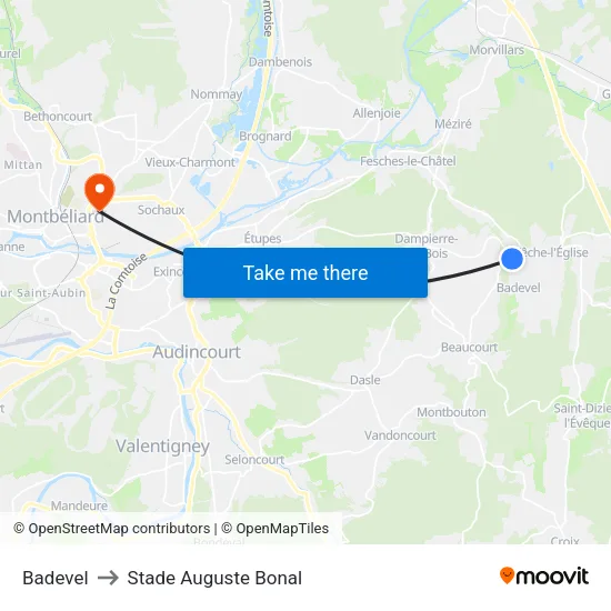 Badevel to Stade Auguste Bonal map