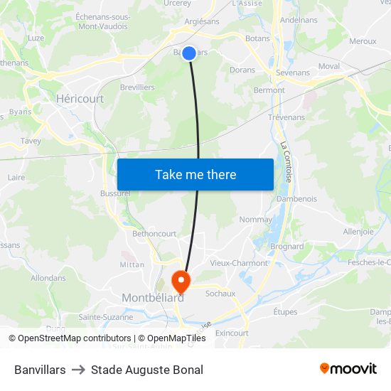 Banvillars to Stade Auguste Bonal map